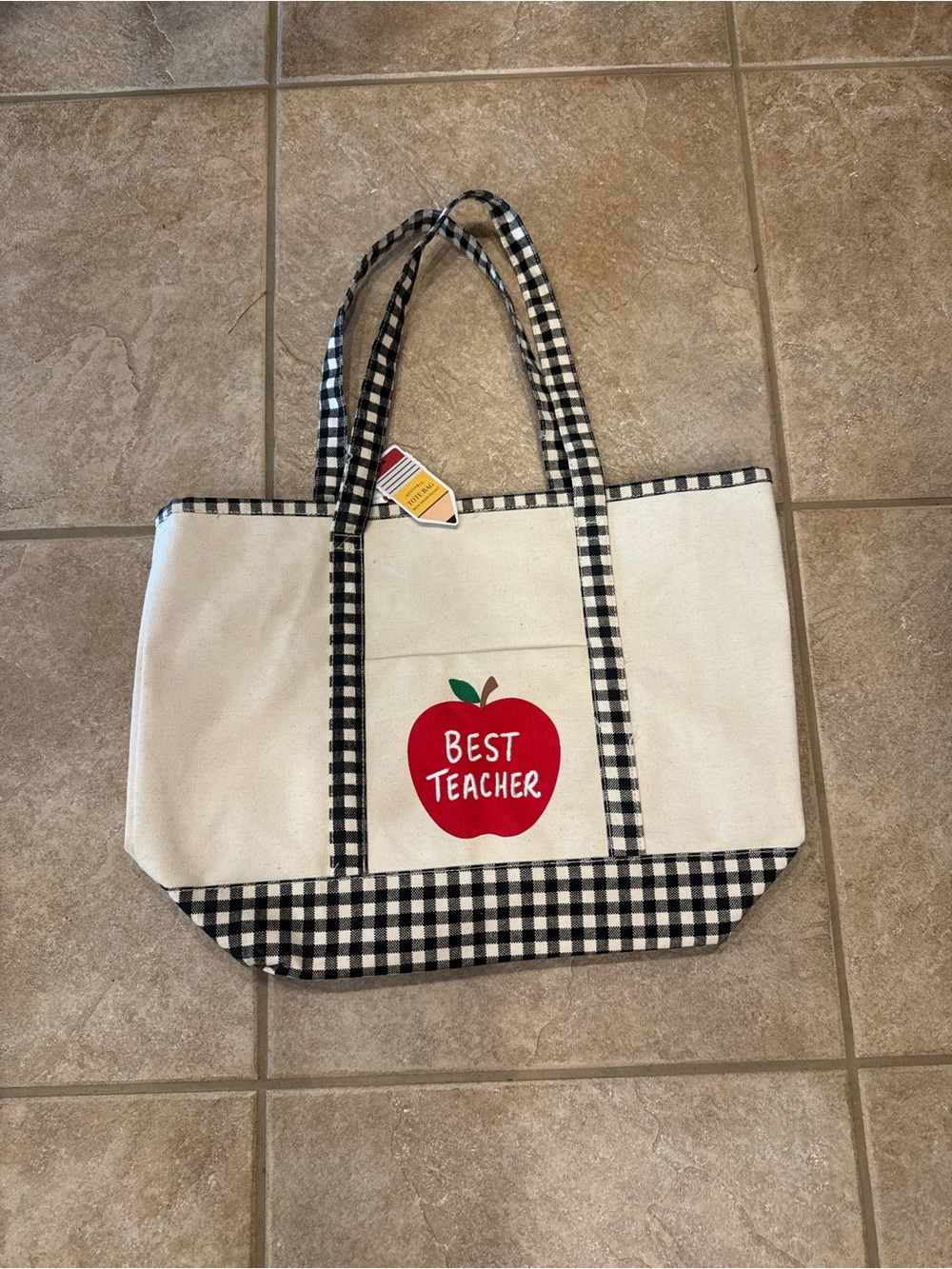 Canvas 'Best Teacher' Apple Tote Bag in Gingham